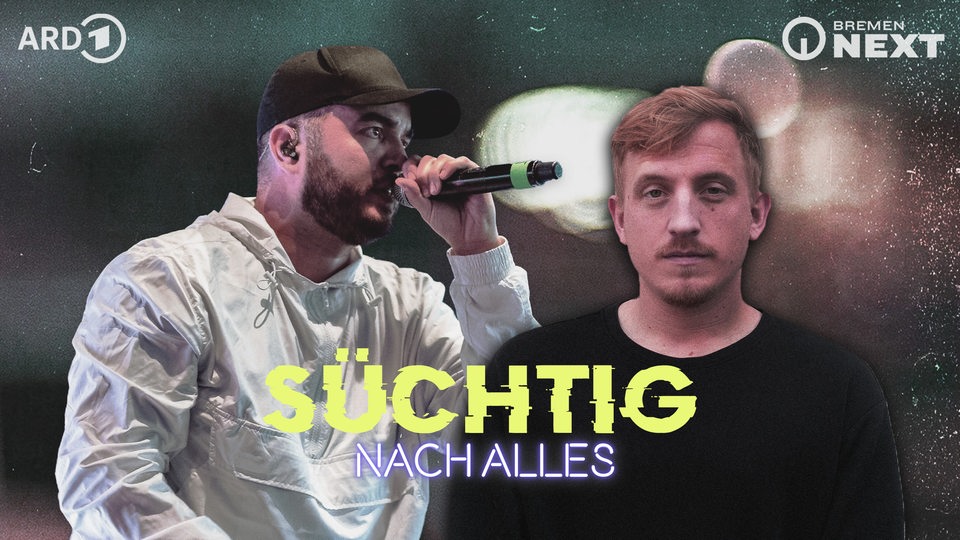 Collage mit Rapper Yassin und Hubertus Koch, davor der Schriftzug Süchtig nach Alles