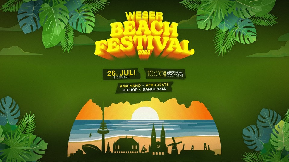 Das Bild zeigt das bunte Festivalplakat mit tropischen Blättern am Rand und einer Silhouette von Bremen vor einem Sonnenuntergang am Strand inkl. Veranstaltungsdaten & vertretenen Genres.